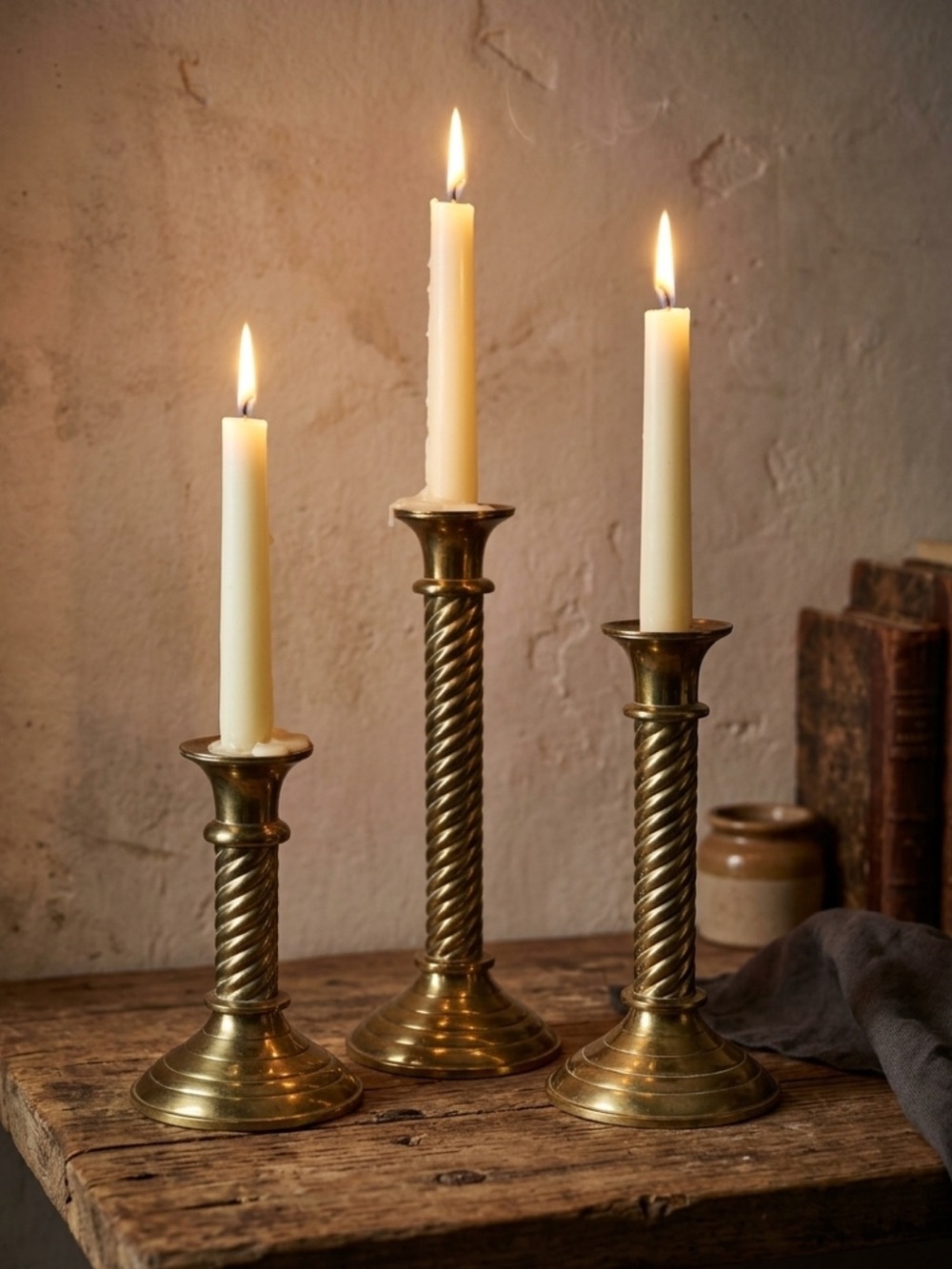 Vintage Brass Spiral Twist Candlesticks 
Set of three